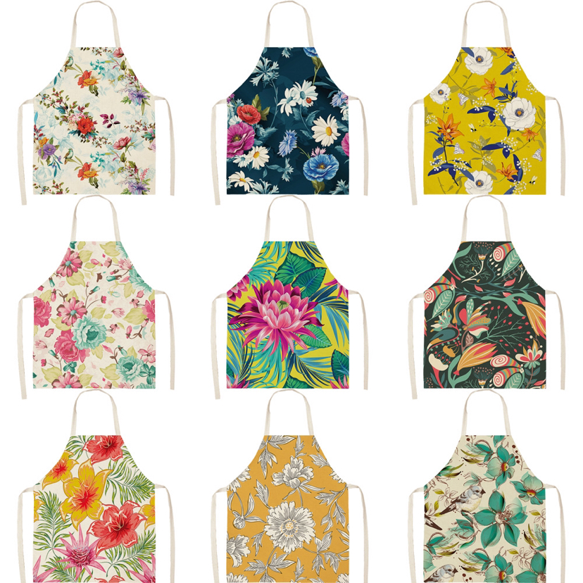 New Cross-Border Tropical Green Plant Flower Linen Printed Apron Size Can Be Customized New Cross-Border Tropical Green Plant Flower Linen Printed Apron Size Can Be Customized