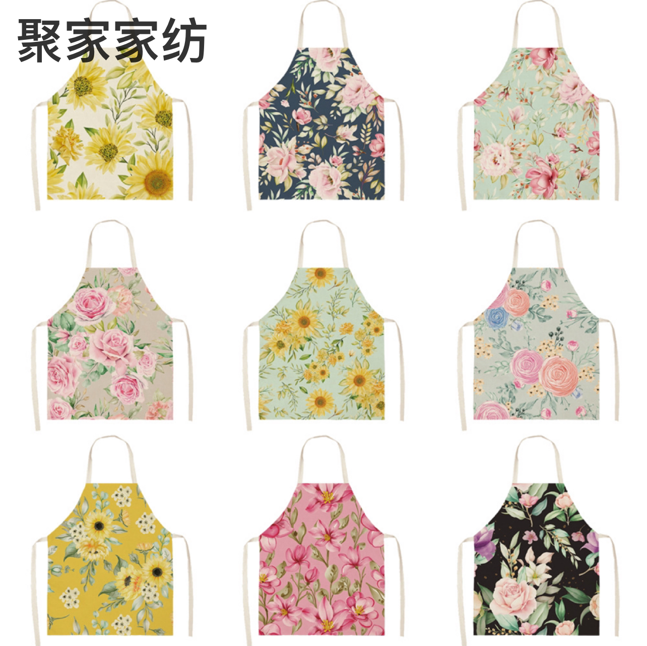 New Cross-Border Tropical Green Plant Flower Linen Printed Apron Size Can Be Customized