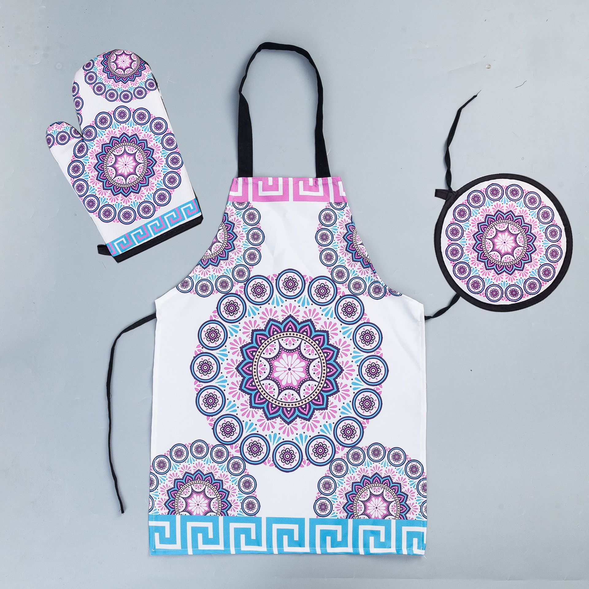 Factory Direct Sales Digital Printing Insulation Three-Piece Kitchen Microwave Oven Gloves Mat Apron Heat Resistant High Temperature Resistant