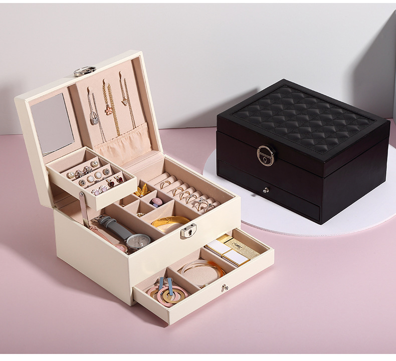New Leather Jewellery Box Korean Jewelry Storage Box Monochrome Temperament Multi-Layer Large Capacity Jewelry Box New Leather Jewellery Box Korean Jewelry Storage Box Monochrome Temperament Multi-Layer Large Capacity Jewelry Box