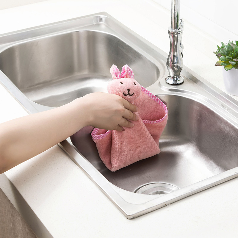 Cute Rabbit Small Square Towel Kitchen Bathroom Hanging Hand Towel Coral Velvet Hand Towel Dishcloth