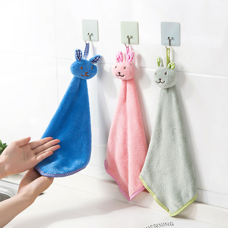 Cute Rabbit Small Square Towel Kitchen Bathroom Hanging Hand Towel Coral Velvet Hand Towel Dishcloth