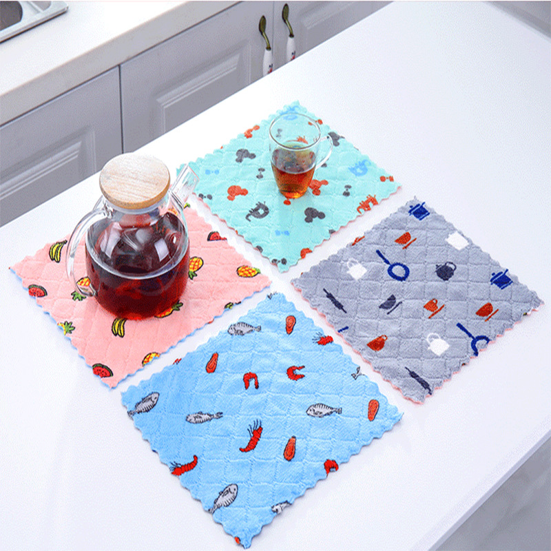 Coral Fleece Printed Rag Kitchen Dishcloth Housekeeping Cleaning Towel Absorbent Multifunctional Household Seamless Absorbent Towel
