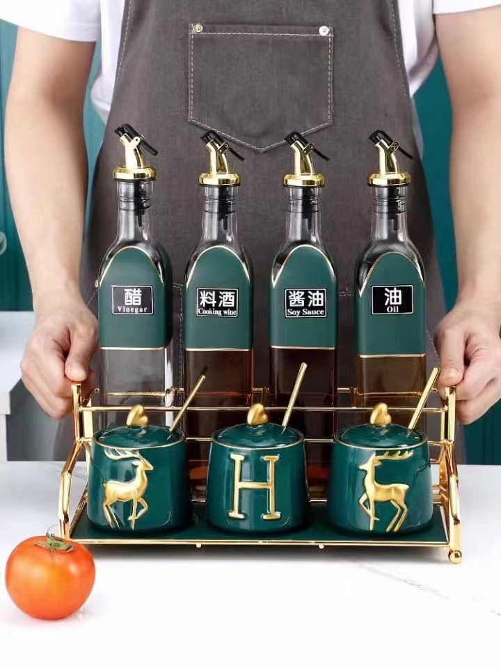 Internet Celebrity Kitchen Supplies Emerald Storage Seasoning Jar Seasoning Jar Seasoning Bottle with Knife Holder