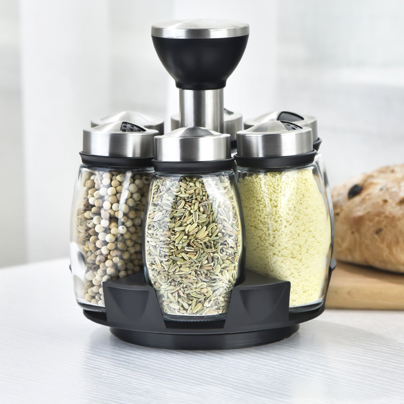 Stainless Steel Glass Rotating Six-Pack Seasoning Containers Salt MSG Seasoning Bottle Set Kitchen Supplies Factory