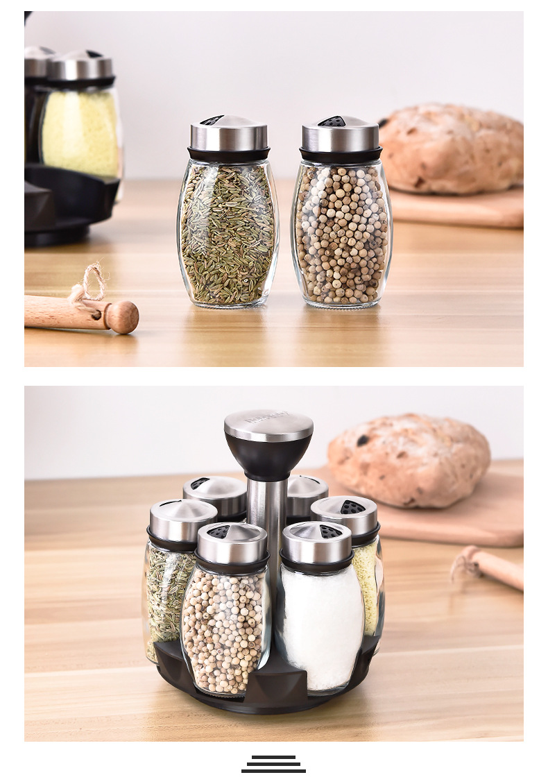 Stainless Steel Glass Rotating Six-Pack Seasoning Containers Salt MSG Seasoning Bottle Set Kitchen Supplies Factory Stainless Steel Glass Rotating Six-Pack Seasoning Containers Salt MSG Seasoning Bottle Set Kitchen Supplies Factory