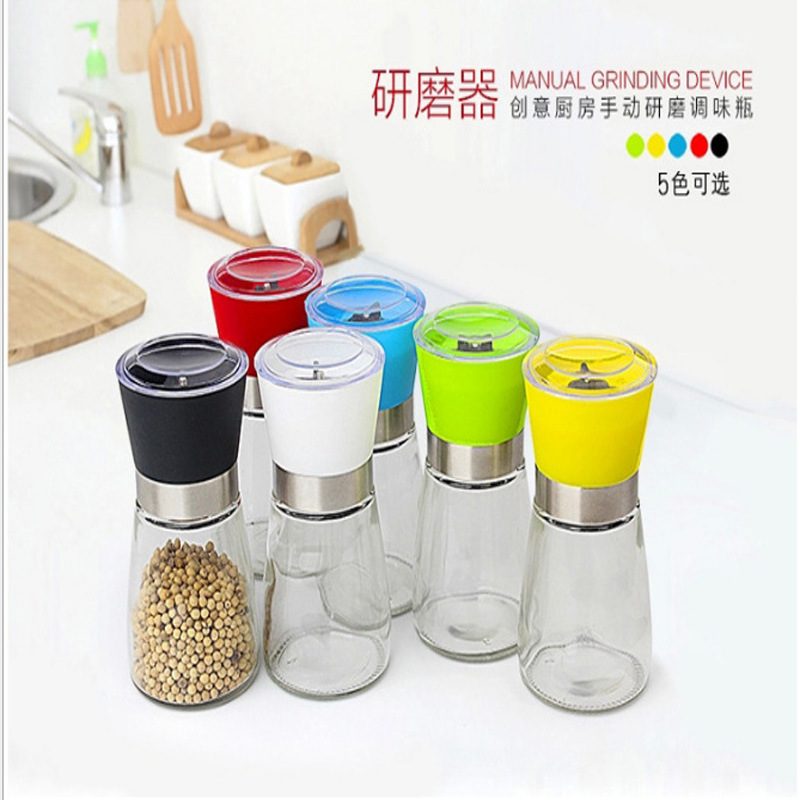 Cross-Border Black and White Pepper Grinder Manual Grinding Bottle Seasoning Bottle Glass Sea Salt Pepper Spice Jar Kitchen Supplies