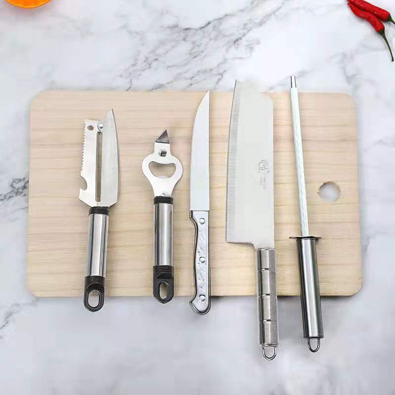 726-6pc Knife Cutting Board Set Stainless Steel Scissors Fruit Knife Kitchen Six-Piece Set Household Wooden Chopping Board