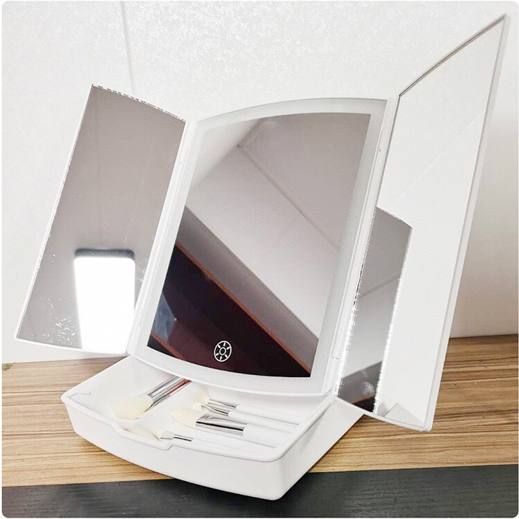Three-Fold Cosmetic Mirror Light with Mirror with Magnifying Luminous Led Make-up Mirror Desktop Storage Dressing Mirror Factory Direct Sales